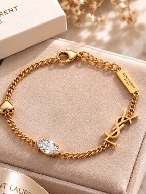 Gold Heart & YSL Logo Chain Bracelet with Clear Crystal